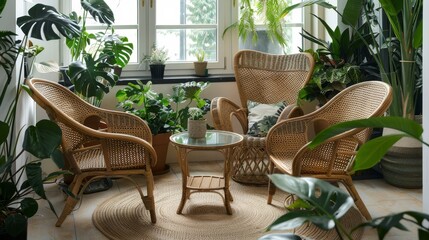 Lush indoor tropical cafe with natural light, perfect for travel and leisure industry promotions.