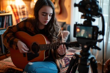 Obraz premium girl recording herself playing the guitar. generative ai