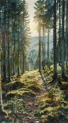 Obraz premium The sun shines through the tall pine trees, creating a dappled pattern on the forest floor