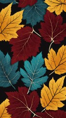 Autumn leaves seamless pattern. Colorful autumn leaves on black background