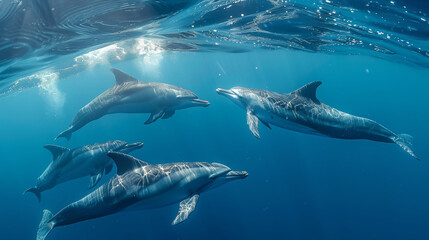 Fototapeta premium A pod of dolphins gracefully swimming in the clear blue ocean, illuminated by sunlight