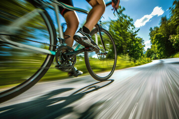 Fototapeta na wymiar Cyclist riding fast on a road in a blur motion.