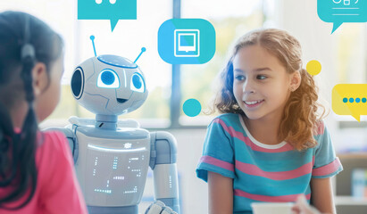 Group of children engaged in conversation with a robot seated around a table in a room.