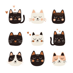 Set of cute cat faces for nursery art