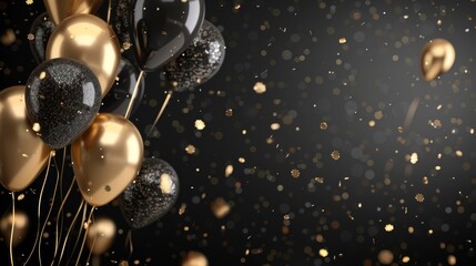 Stylish black and gold balloons creating a luxurious and festive atmosphere on a dark background, banner, copy space