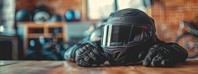 motorcycle helmet and gloves. selective focus