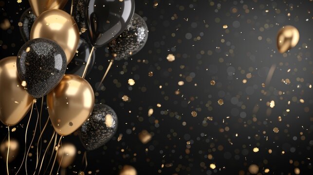 Stylish black and gold balloons creating a luxurious and festive atmosphere on a dark background, banner, copy space