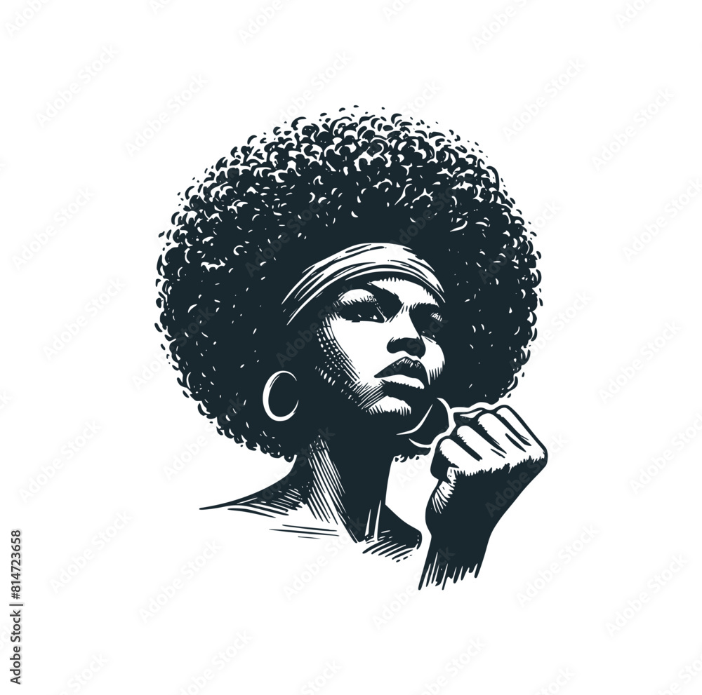 Poster The Afro women. Black white vector illustration.