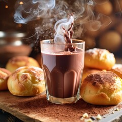 AI generated illustration of hot chocolate in a glass with pastries