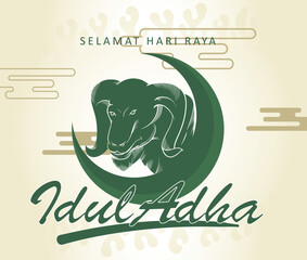 Selamat Idul Adha.Translation: Happy Eid Al Adha Mubarak. Illustration of Eid al-Adha with a sheep icon as a symbol 