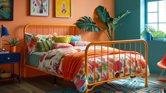 Youthful bedroom with a colorful metal bed frame, durable mattress, and a fun, vibrant nightstand with playful elements.