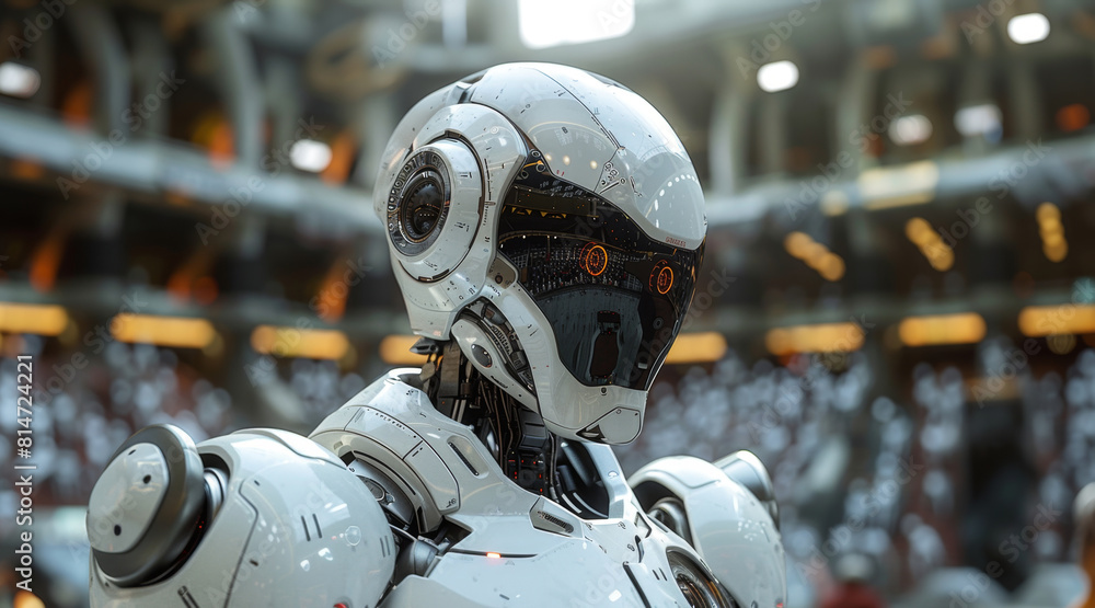 Aufkleber a white robot is standing in the center of a stadium, surrounded by empty seats.