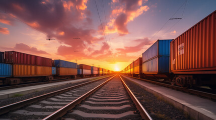 Fototapeta premium Freight Containers on Railway Tracks at Sunset
