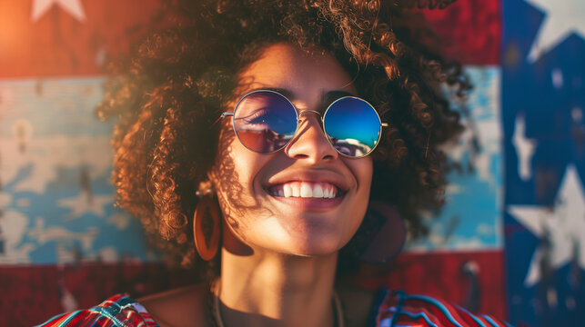 Joyful young woman with curly hair and round sunglasses, smiling against an American flag