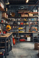 modern garage shelves in the garage. selective focus