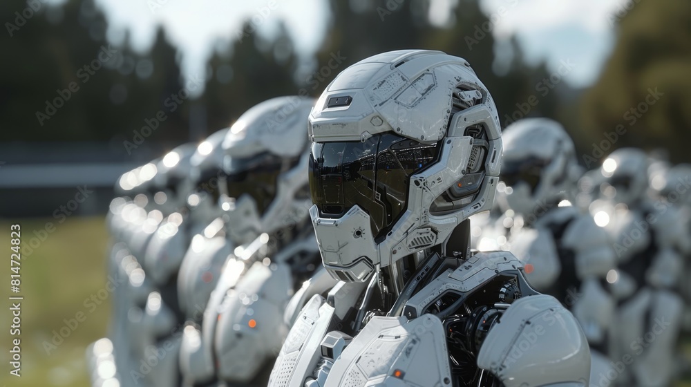 Leinwandbilder White robots arranged in a line in an open field.