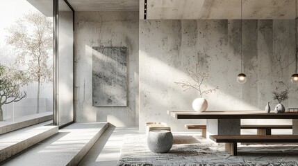 Digital visualization of a minimal dining space with a focus on high contrast monochrome elements and artistic flair