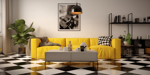 A Black and white checkered tiles alongside a plush yellow carpet in a stylish urban apartment. 