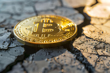 A photo of a Bitcoin on a cracked surface, symbolizing resilience and potential growth amidst economic challenges