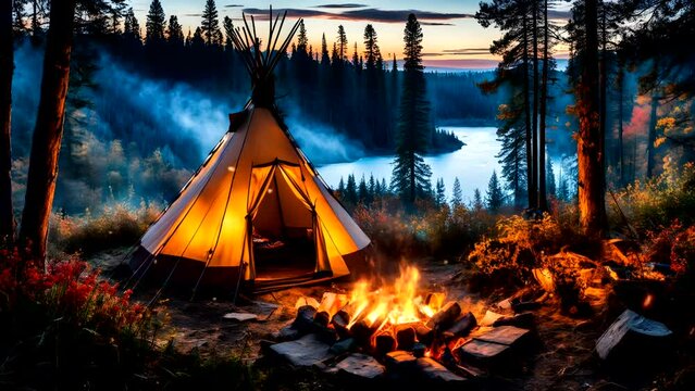 Traditional Native American Indian tent with campfire and lake in the fores
