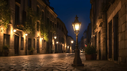 Quaint street lamp in cobblestone alley
