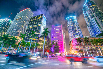 Downtown Miami buildings and skyscrapers at night from Biscayne Boulevard