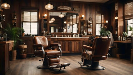 Interior of a vintage barbershop with chairs