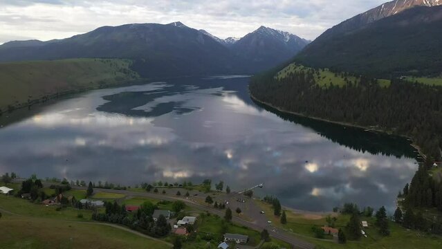 4k high quality aerial drone video footage of of Wallowa Lake and Wallowa Mountains near Joseph, Oregon