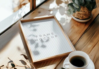 Frame Mockup Laying On The Table With Coffee Cup and Generative ai