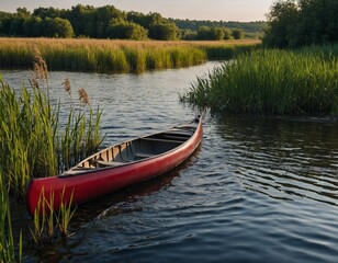 Experience the calm of a countryside river with a canoe and tall reeds.