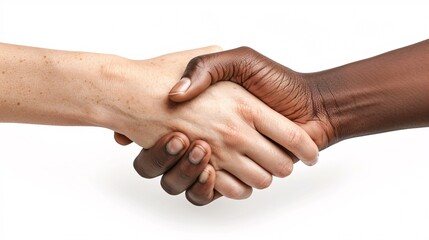 Two individuals shaking hands in a business agreement gesture against a plain white background