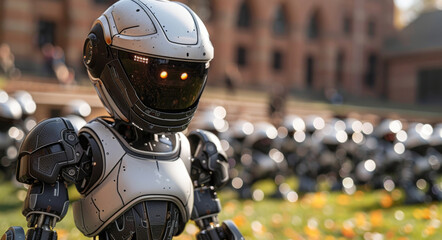 Several robots are lined up in front of a large building, appearing to be waiting or guarding the entrance.