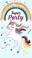 A magical unicorn prances gracefully against a sparkling rainbow background to the whimsical words super party. Children's card, holiday invitation