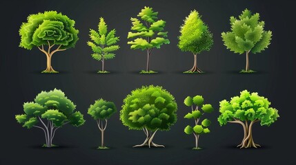 Fototapeta premium A collection of ten different types of trees. The trees are all rendered in a realistic style and have a variety of different shapes and sizes.