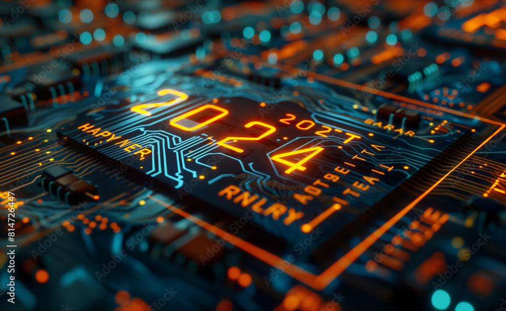 Poster happy new year 2024. circuit board with advanced microchips and cpu.