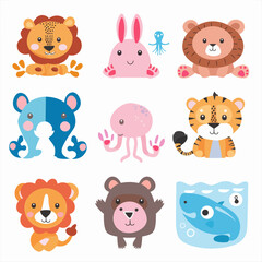 a bunch of animals that are on a white background