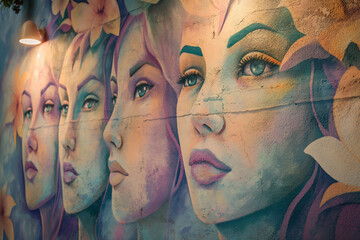 graffiti on wall, A captivating mural adorns a city wall, where abstract pastel-colored woman faces with flowers emerge from the vibrant graffiti art