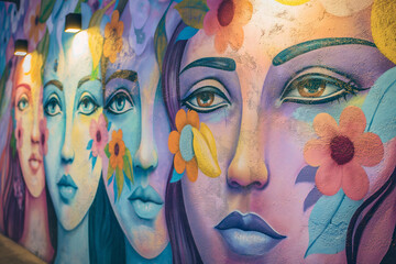 graffiti on the wall, A captivating mural adorns a city wall, where abstract pastel-colored woman faces with flowers emerge from the vibrant graffiti art
