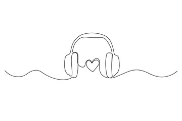 One line headphones with heart. Continuous drawing of music gadget. Continuous linear sketch. Doodle vector illustration