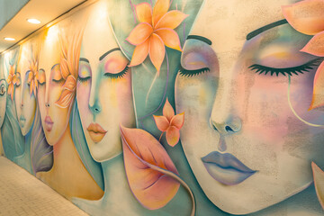 woman with flowers,A captivating mural adorns a city wall, where abstract pastel-colored woman faces with flowers emerge from the vibrant graffiti art