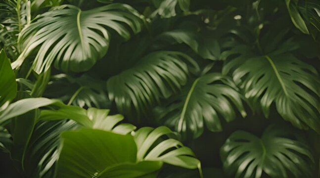 Lush green leaves of monstera plants densely packed in a tropical forest setting, showcasing vibrant green hues and intricate natural patterns.