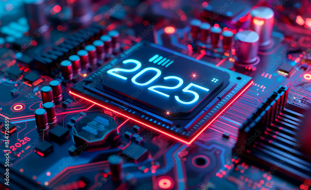 Poster happy new year 2025. circuit board with advanced microchips and cpu.