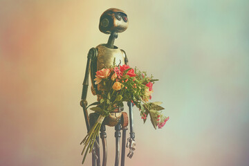 robot with flowers, A charming retro vintage robot stands tall against a pastel background, adorned with a fresh flower bouquet in its metallic hands