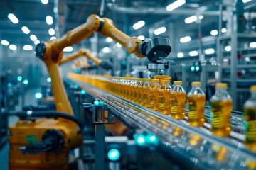 Automated Robot Arm in Modern Bottle Packaging Assembly Line