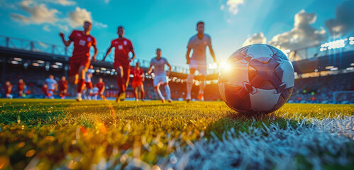 Football players compete on a vibrant green pitch as the sun sets behind them. - Powered by Adobe