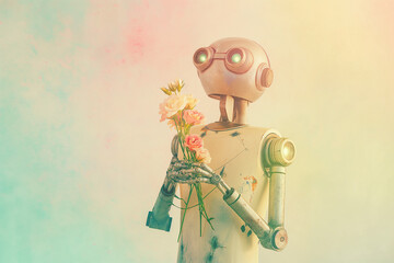 robot with flowers, A charming retro vintage robot stands tall against a pastel background, adorned with a fresh flower bouquet in its metallic hands