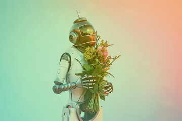 robot with flowers, A charming retro vintage robot stands tall against a pastel background, adorned with a fresh flower bouquet in its metallic hands