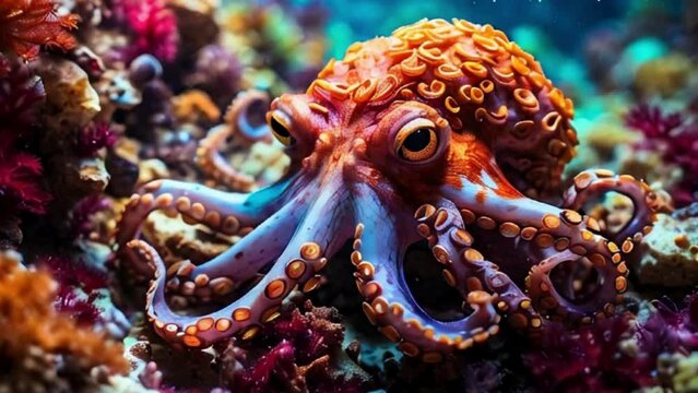  Octopus and Curled Tentacles in Coral Reef