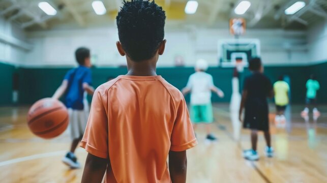 A young boy dribbles a basketball while playing on a court inside a gymnasium. - Powered by Adobe
