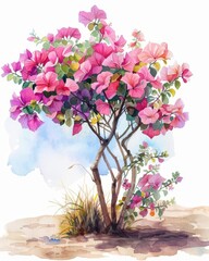 A beautiful watercolor painting of a bougainvillea bush in full bloom
